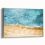 Framed canvas wall art showcasing a serene beach landscape with vibrant colors and silver frame, perfect for enhancing home decor and creating a calming atmosphere.