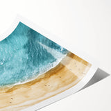 Rolled wall art print showcasing a serene beach landscape with vibrant colors, perfect for home decor. Packaged securely in a protective cardboard tube for safe delivery.