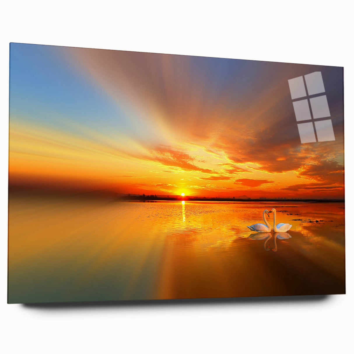 Acrylic glass wall art collection showcasing a vibrant beach landscape design, elegantly displayed from a side view, highlighting its glossy finish and modern aesthetic, perfect for home decor.