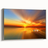 Framed canvas wall art showcasing a serene beach landscape with soft waves, vibrant colors, and a silver frame, ideal for coastal-themed decor.