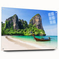 Acrylic glass wall art display showcasing a vibrant beach landscape design, viewed from the side with decorative pins, perfect for home decor enthusiasts.
