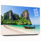 Acrylic glass wall art showcasing a vibrant beach landscape design, featuring vivid colors and intricate details, ideal for enhancing home decor with a coastal theme.
