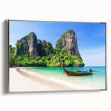 Framed canvas wall art featuring a serene beach landscape design with silver accents, showcasing vibrant blues and sandy tones, ideal for coastal decor.