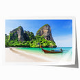 Colorful beach wall art print showcasing a serene coastal landscape with palm trees and waves, rolled and ready for display in a stylish home decor setting.