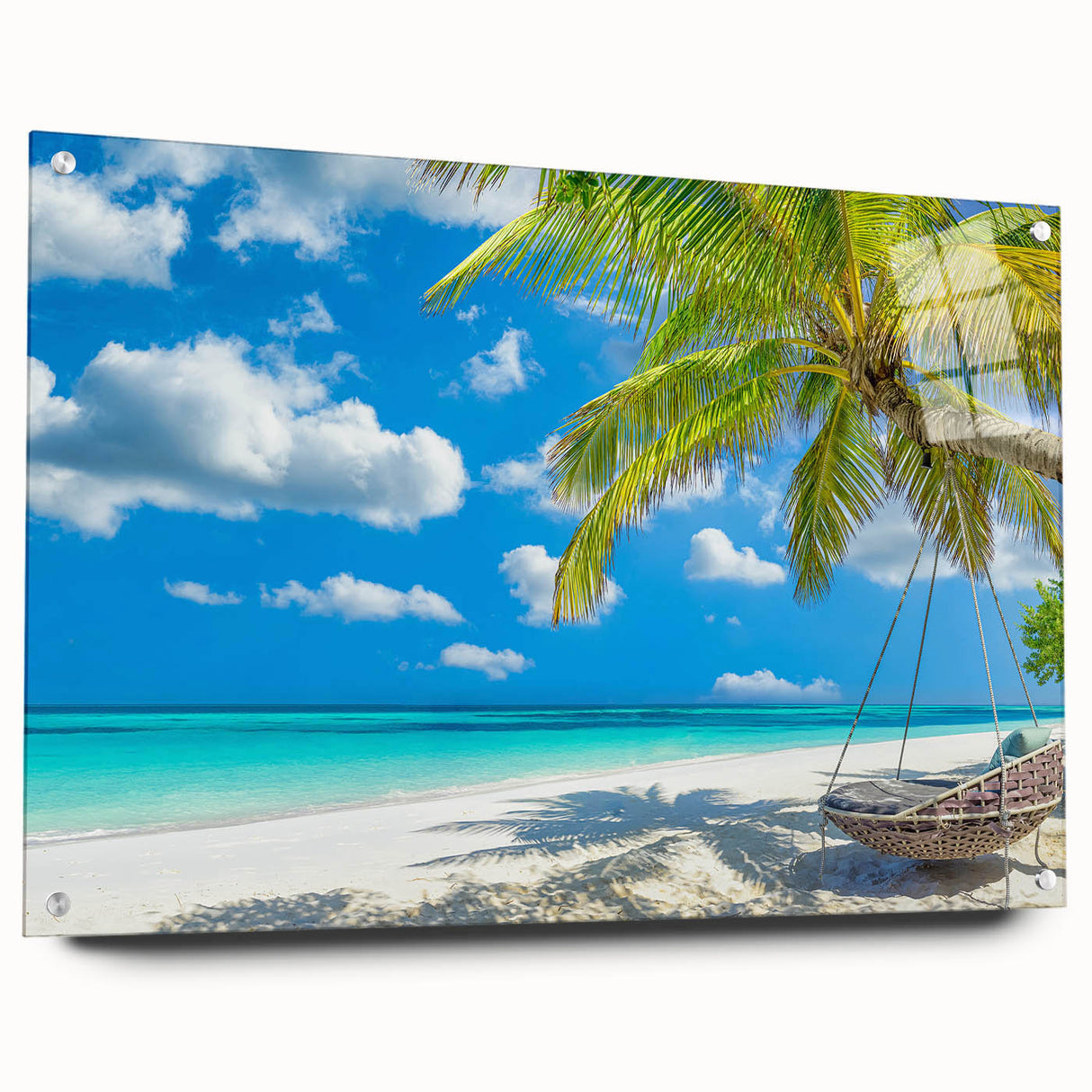 Acrylic glass wall art collection showcasing a vibrant beach landscape design, elegantly displayed with pins on a white background, perfect for modern home decor.