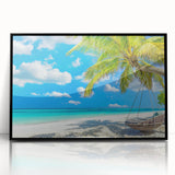 Framed wall art featuring a serene beach landscape design, showcasing vibrant colors and intricate details, set in a sleek black frame for modern decor.