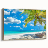 Framed canvas wall art depicting a serene beach landscape with soft golden hues and gentle waves, designed to enhance modern home decor and evoke tranquility.