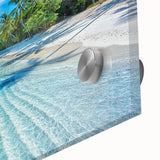 Vibrant acrylic glass wall art depicting a serene beach landscape with soft waves and colorful sunset hues, perfect for modern home decor.