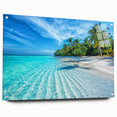 Acrylic glass wall art collection featuring vibrant beach landscapes, displayed in a side view with decorative pins, perfect for enhancing modern interior decor.