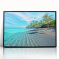 Framed acrylic wall art showcasing a serene beach landscape design, featuring vibrant colors and a sleek black frame, perfect for modern home decor.