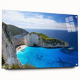 Acrylic wall art showcasing a stunning beach landscape design, displayed in a side view with stylish pins, perfect for home decor enthusiasts. The vibrant colors enhance the serene coastal scene, making it an ideal addition to any artistic collection.