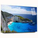 Acrylic glass wall art collection showcasing vibrant beach landscapes, elegantly displayed from a side view, highlighting the rich colors and intricate designs. Perfect for enhancing home decor.