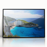 Framed acrylic wall art collection showcasing serene beach landscapes, featuring vibrant colors and a sleek black frame, perfect for enhancing modern home decor.