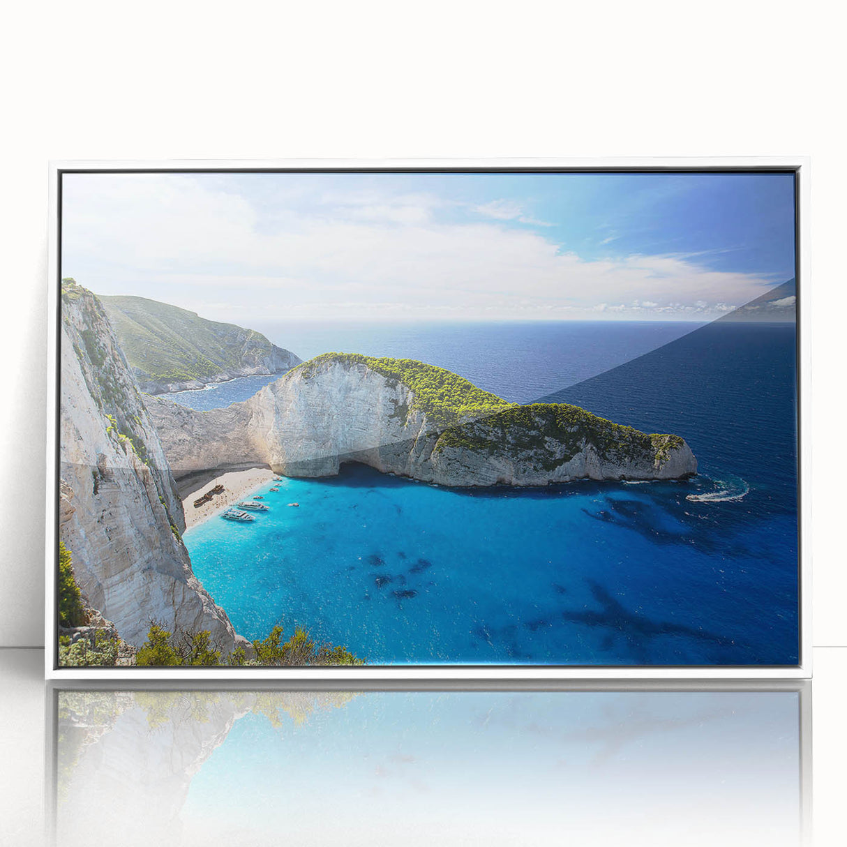Framed acrylic wall art showcasing a serene beach landscape with vibrant colors, designed to enhance home decor, featuring a white frame for a modern touch.