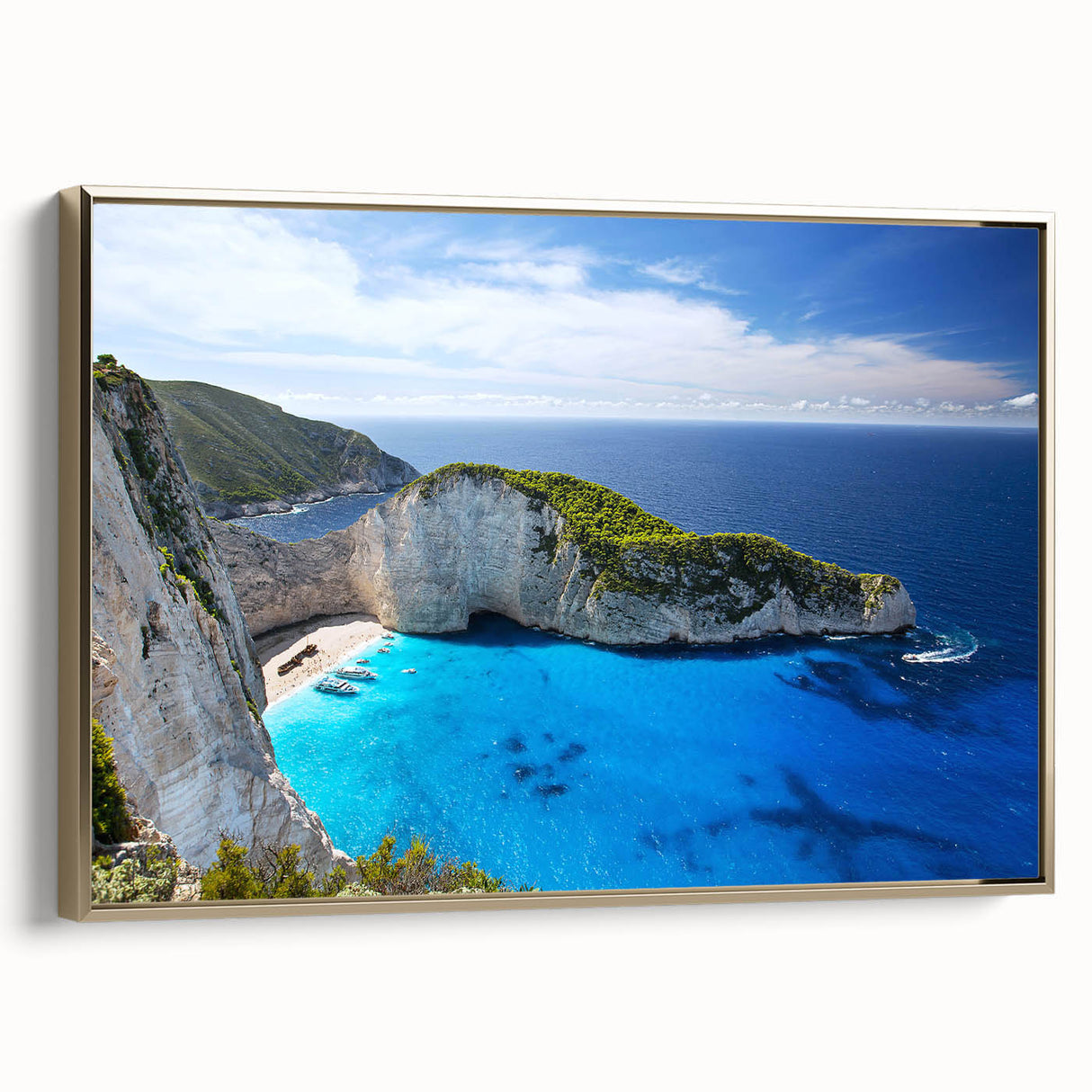 Framed canvas wall art featuring a serene beach landscape with vibrant colors and gold accents, perfect for enhancing any coastal-themed decor.