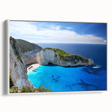 Framed canvas wall art showcasing a stunning beach landscape design with vibrant colors and intricate details, displayed from a white side view. Ideal for adding a serene coastal touch to home décor.