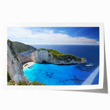 Vibrant rolled print of a serene beach landscape, showcasing golden sands and turquoise waves under a clear blue sky, ideal for home decor.