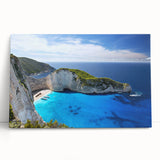 Stretched canvas wall art showcasing a serene beach landscape design with vibrant colors, perfect for home decor, leaning against a neutral wall.