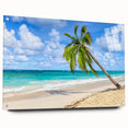 Acrylic glass wall art design showcasing a serene beach landscape featuring soft pastel colors, elegantly displayed from a side view with pins for mounting. Perfect for coastal decor enthusiasts.