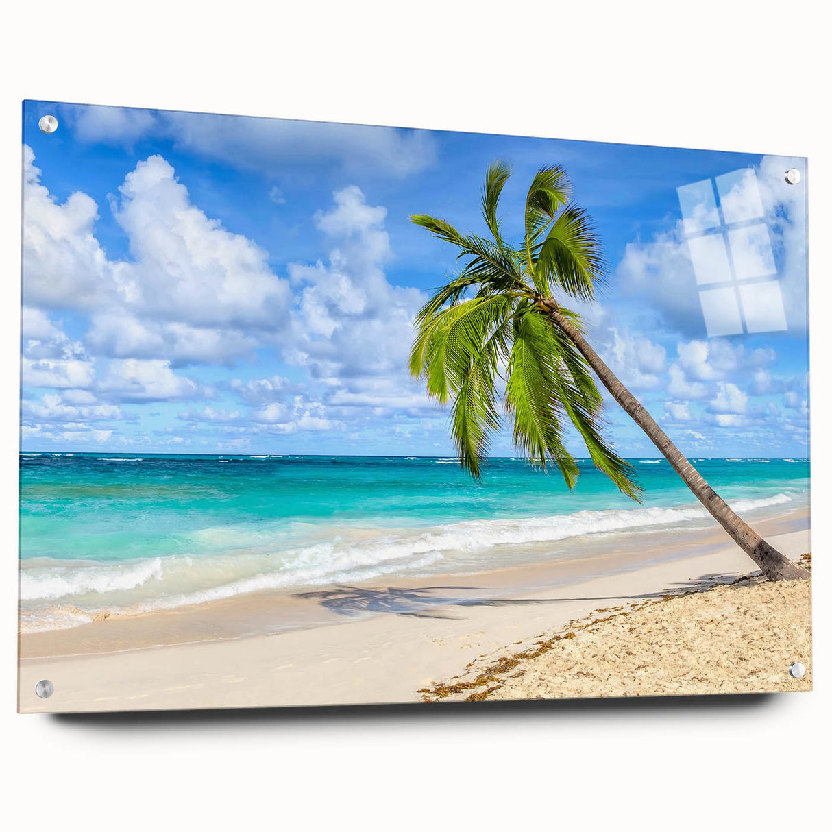 Acrylic glass wall art design showcasing a serene beach landscape featuring soft pastel colors, elegantly displayed from a side view with pins for mounting. Perfect for coastal decor enthusiasts.