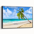 Framed black canvas wall art showcasing serene beach landscapes, featuring vibrant colors and intricate details, ideal for enhancing modern home decor.