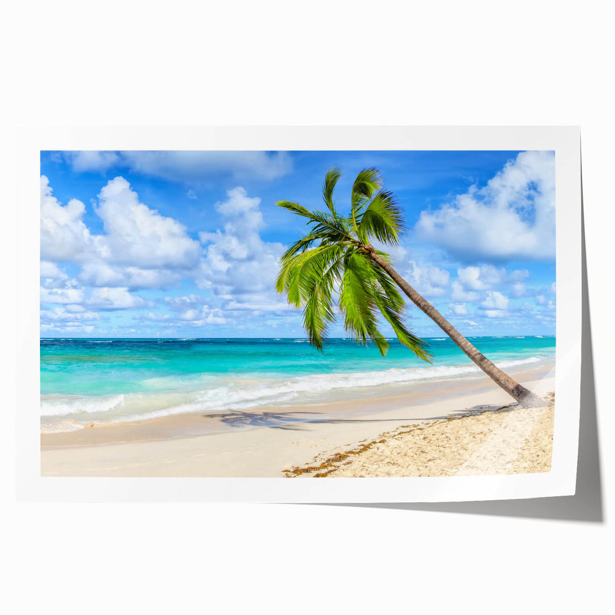 Vibrant beach landscape wall art print showcasing a serene sunset over calm waves, featuring rich colors of orange and blue, perfect for coastal home decor.