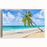 Stretched canvas wall art showcasing a vibrant beach landscape design, featuring azure waters and golden sands, ideal for coastal-themed home decor.
