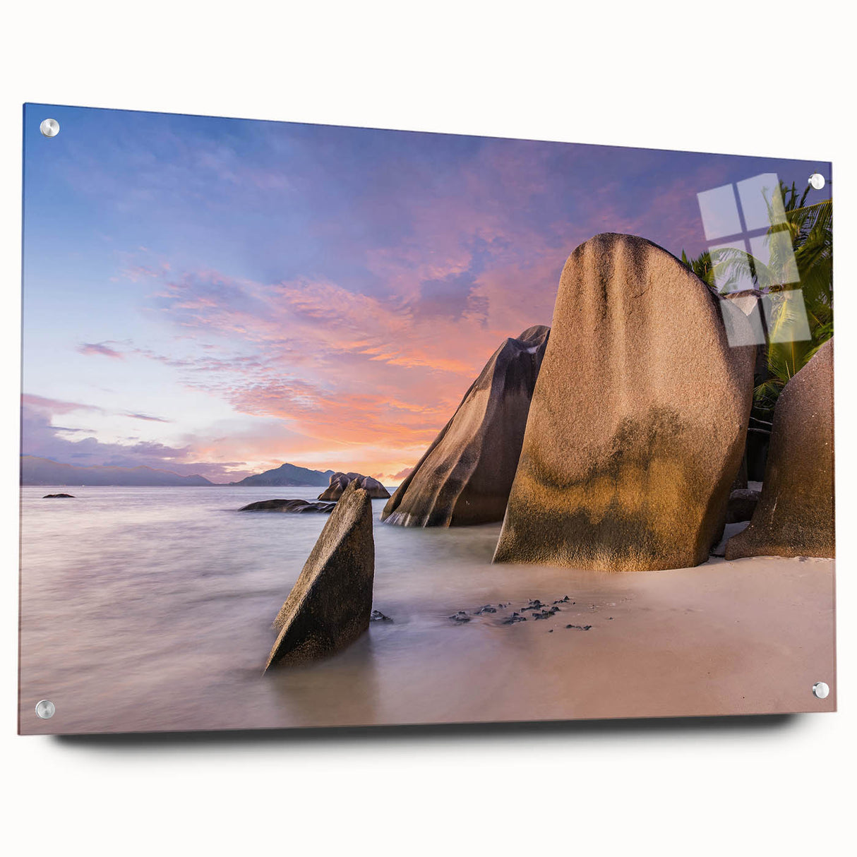 Acrylic wall art collection showcasing a vibrant beach landscape design, displayed from a side view with decorative pins holding it in place, perfect for home decor.