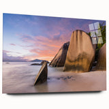 Acrylic glass wall art showcasing a vibrant beach landscape design, displayed from a side view without pins, emphasizing its modern aesthetic and vivid colors. Ideal for coastal-themed decor.