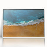 Framed acrylic wall art showcasing a serene beach landscape with vibrant colors, perfect for coastal-themed decor. White frame accentuates the art's beauty.