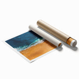 Vibrant rolled print of a serene beach landscape, showcasing soft pastel colors and gentle waves, ideal for modern home decor or gallery wall displays.