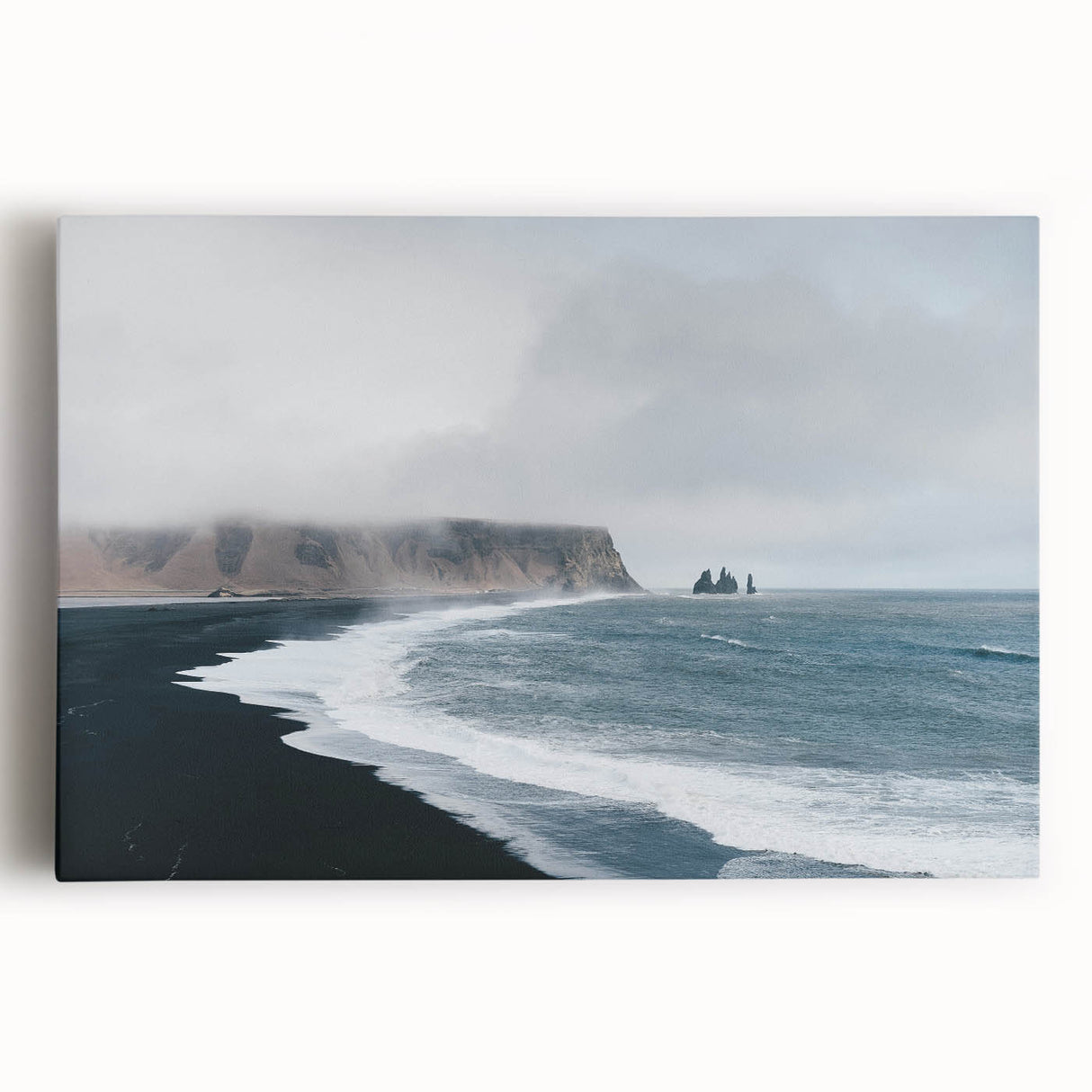 Stretched canvas wall art featuring a serene beach landscape with soft pastel colors, ideal for coastal-themed decor, evoking tranquility and relaxation.