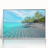 Framed wall art featuring a serene beach landscape with vibrant colors, set in a sleek white frame, perfect for coastal-themed home decor.