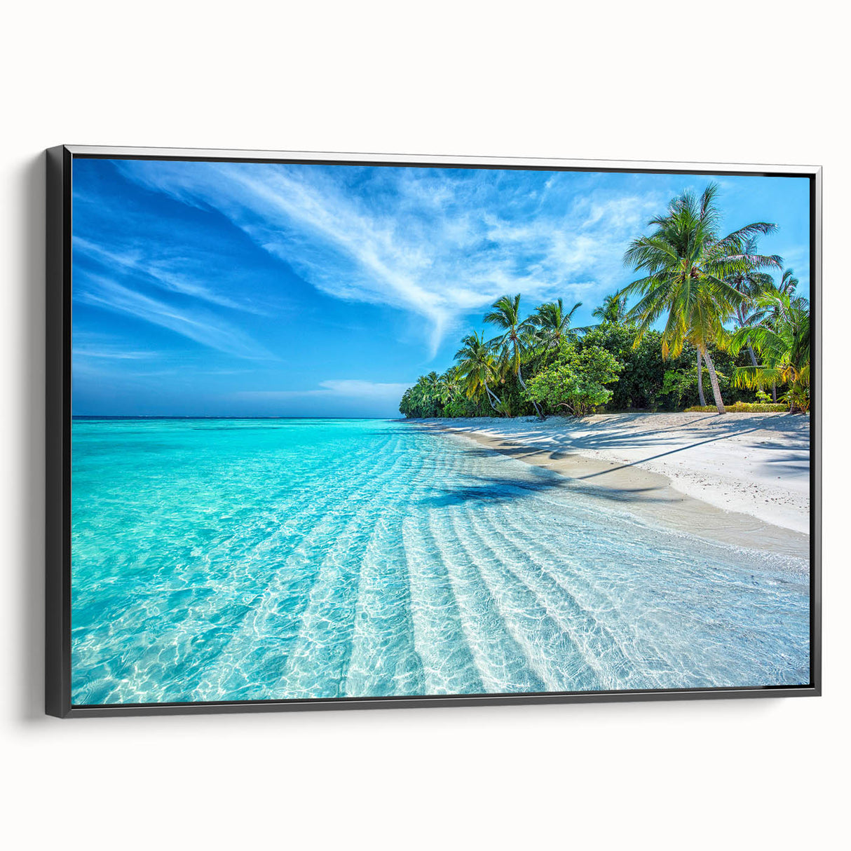 Framed canvas wall art featuring a serene beach landscape design with vibrant colors, displayed from a black side view, perfect for home decor.