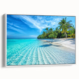 Framed canvas wall art showcasing a serene beach landscape with soft pastel colors, mounted on a white frame for a modern touch, ideal for home decor.