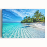 Stretched canvas wall art showcasing a vibrant tropical beach landscape with vivid colors and serene ocean waves, perfect for home decor or relaxation spaces.