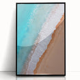 Framed acrylic wall art print of a serene beach landscape, featuring vibrant blue skies and sandy shores, designed to enhance home decor with a modern touch.