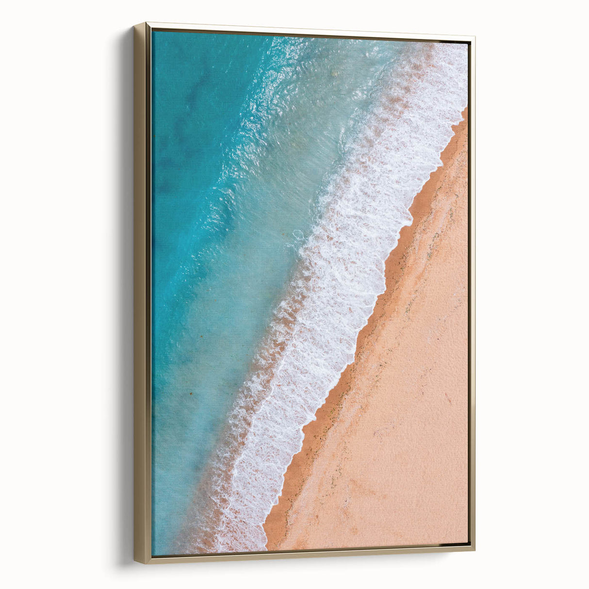 Framed canvas wall art showcasing a serene beach landscape with golden hues, perfect for adding a touch of elegance to any coastal-themed decor.
