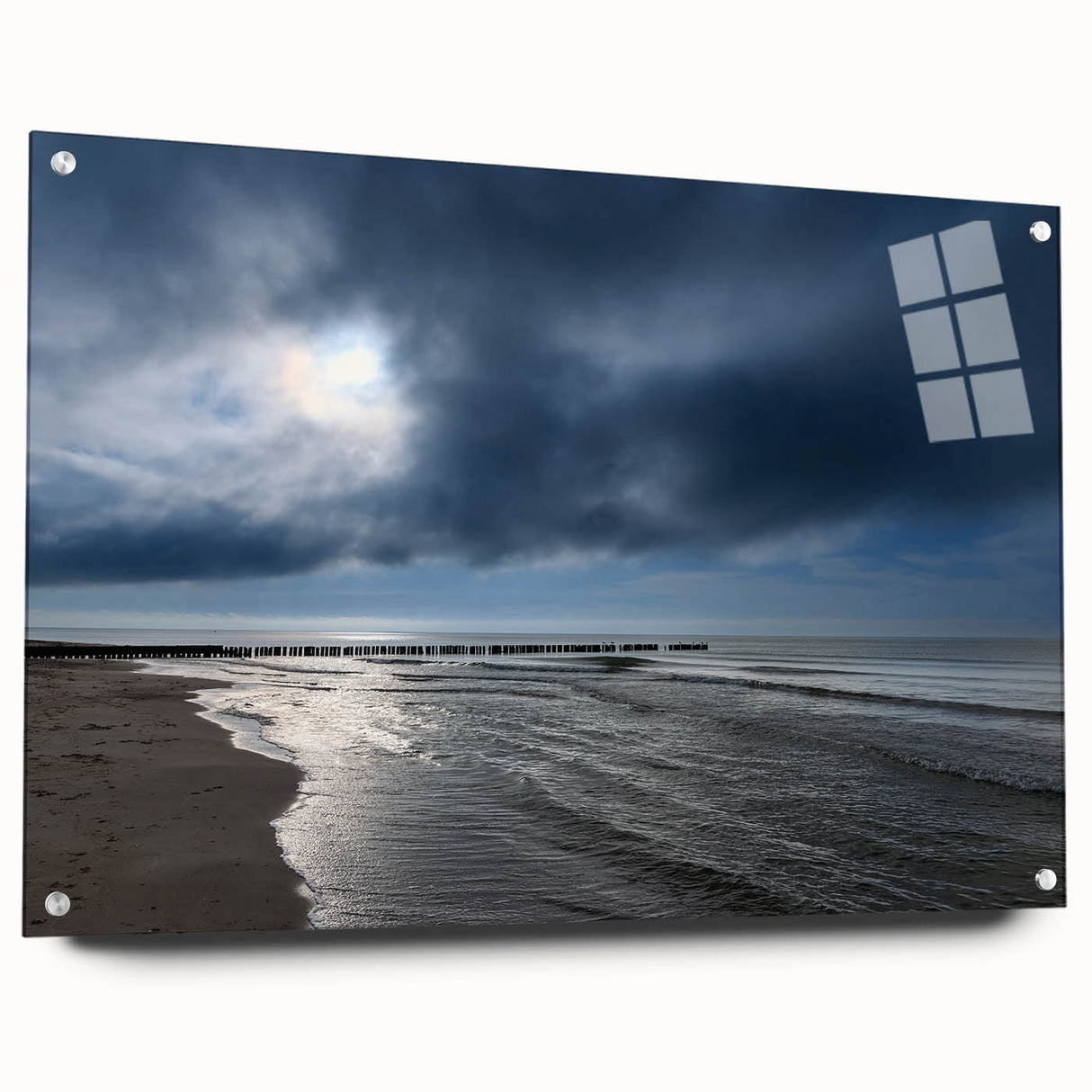 Acrylic glass wall art collection showcasing vibrant beach landscapes, featuring a side view with stylish pins for hanging, perfect for modern decor.