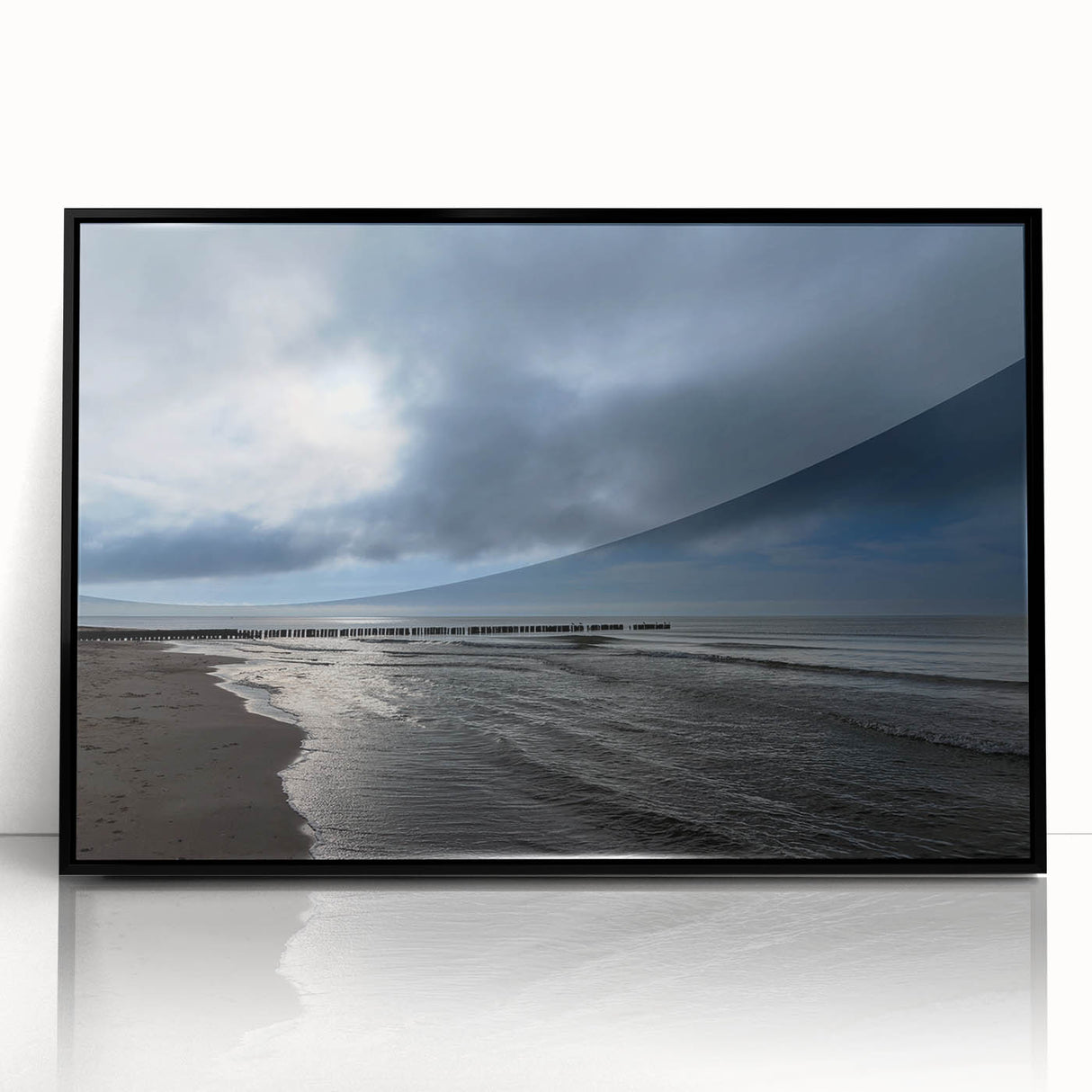 Framed wall art of a serene beach landscape featuring vibrant colors, set in a sleek black frame, perfect for home decor and relaxation themes.