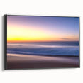 Framed canvas wall art showcasing a serene beach landscape design with vibrant colors, set against a sleek black frame, ideal for home decor and relaxation.