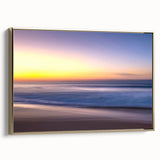Framed canvas wall art showcasing a serene beach landscape with golden hues, perfect for home decor, emphasizing tranquility and nature's beauty.