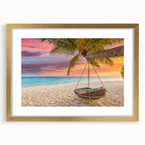 Framed wall art collection featuring a picturesque beach landscape with vivid colors and a gold mat, ideal for home decor and coastal-themed interiors.