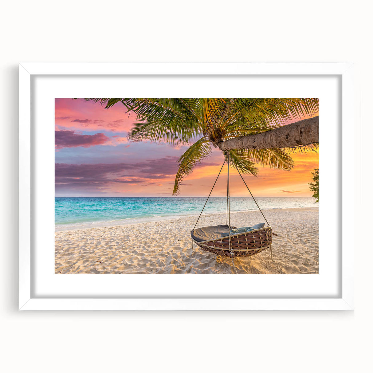 Framed wall art collection showcasing a serene beach landscape design with vibrant colors, presented in a white mat and frame for an elegant finish. Perfect for enhancing home decor with coastal vibes.