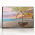 Framed black wall art featuring a scenic beach landscape design with vibrant colors, ideal for home decor and enhancing interior aesthetics. Perfect for coastal-themed spaces.