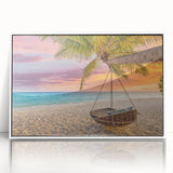 Framed wall art collection showcasing a serene beach landscape design with vibrant colors, highlighted by a white frame, perfect for coastal decor enthusiasts.