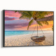 Framed canvas wall art showcasing a scenic beach landscape with vibrant colors, featuring a black frame and side view, perfect for home decor and coastal themes.