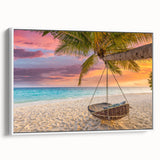 Framed canvas wall art depicting a serene beach landscape with vibrant colors, showcasing a white frame and side view for a modern aesthetic, perfect for home decor.