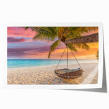 Vibrant rolled print of a serene beach landscape featuring soft waves and a sunset sky, designed for wall art decor, elegantly packaged in a protective tube.