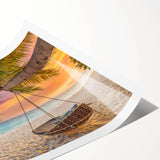 Rolled print of a serene beach landscape featuring soft waves and a pastel sunset, ideal for home decor. Packaged for easy display and preservation.